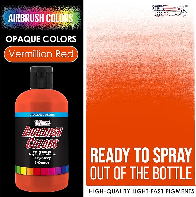 U.S. Art Supply Opaque Vermillion Red Acrylic Special Effects Airbrush Paint - 8oz Ready to Spray Air Brush Paint for Nails, Models, Fabric - Water-Based Air Brush Painting