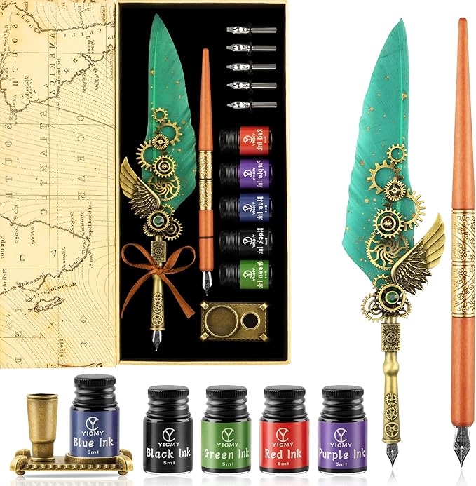 Quill Pen and Ink Set, Calligraphy set - feather quill pen, Wooden Dip Pen, 5 Color Ink, 5 Replaceable Nibs, Pen Holder,Vintage Calligraphy Pens for Beginners and Calligraphy Lovers (Green)