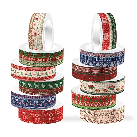 12 Rolls of Christmas Theme Washi Tape, Xmas Ugly Sweater Decorative Masking Tape for Note Taking Supplies, Scrapbooking, DIY Crafts, Gift Wrap Supplies