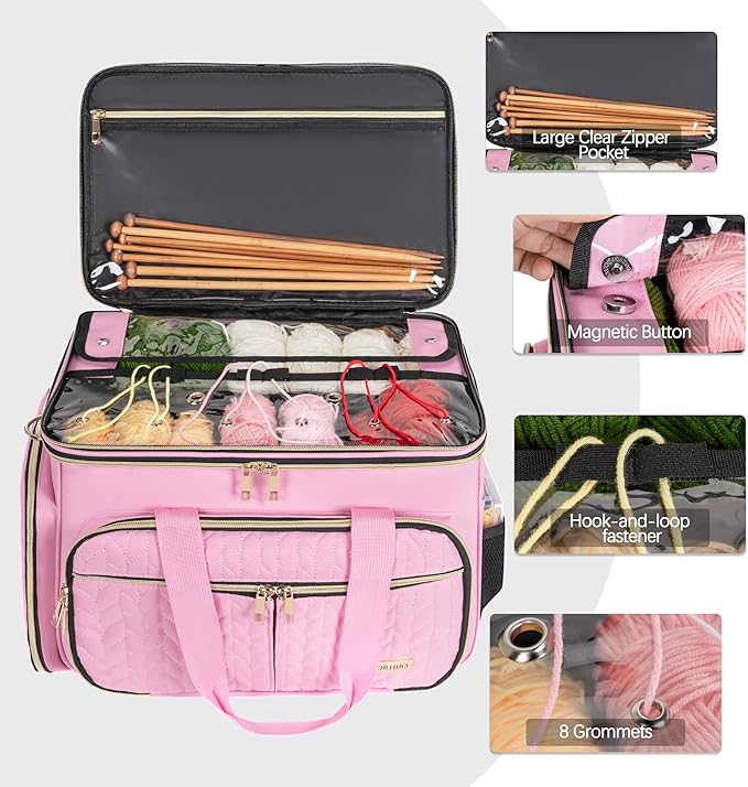 TORIBIO Large Knitting Bag Yarn Storage Organizer,Portable Crochet Tote Bag,Yarn Bags for Crocheting On The Go for Knitting Needles, Crochet Hooks, Knitting Accessories, Unfinished Project