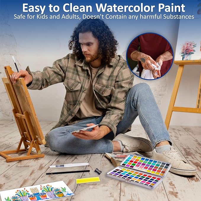 Professional Watercolor Paint Set – 100 Colors Including Metallic, Neon & Candy Shades, Complete Travel Art Kit with Premium Brushes, Palette, Velvet Bag & Accessories