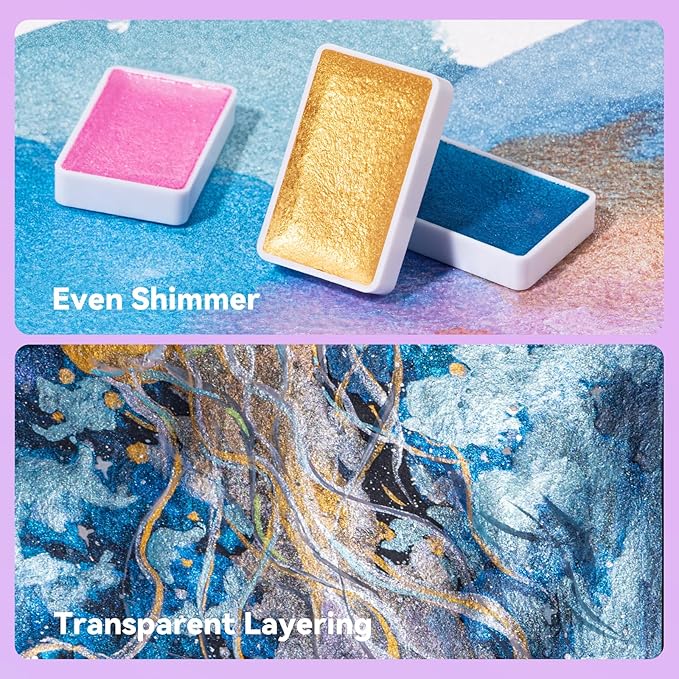 Watercolor Paint Set with 48 Metallic Colors, Full-Pan Pearlescent & Glitter Paints, Highly Pigmented, Vibrant Shimmer, Removable Pans, Perfect for Beginners, Artists & All Skill Levels