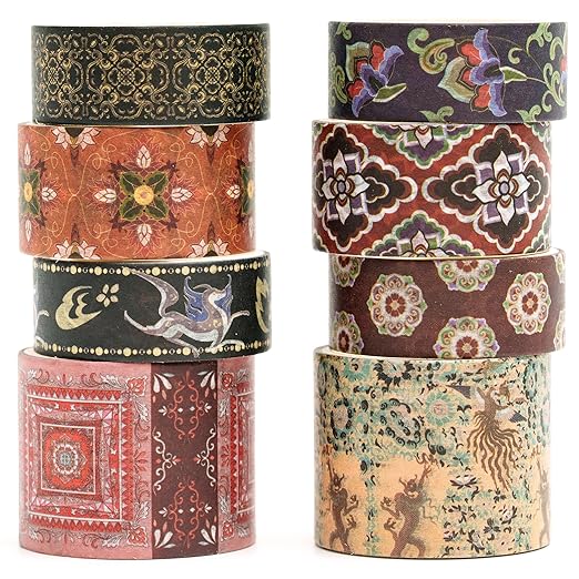 8 Rolls Retro Washi Tape Set Vintage Arts Adhesive Tapes Wide Painting Patterned Decorative Masking Tape Sets for Craft, Kids, Scrapbook, DIY, Gift Wrapping (Dunhuang)
