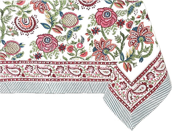 ATOSII Ruby 100% Cotton Rectangle Summer Tablecloth, Block Print Floral Table Cloth for Dining Table, Parties, Weddings, Outdoors Grand Millenial Decor I 60 X 108 Inches I 8 Seater I