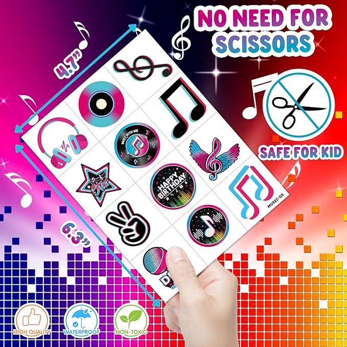 60 PCS Music Note Notes Musical Motivational Pre-Cut Temporary Tattoos for Kids Birthday Themed Party Supplies Decorations Favors Super Cute Instrument Stickers Tattoo Gifts for Girls Boys