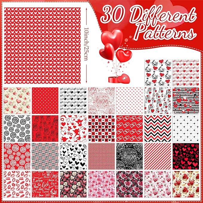 Tatuo 30 Pieces 10 x 10 Inches Cotton Fabric Bundle Squares Patchwork Floral Fabric Sewing Quilting Bundles Assorted Pattern Cloth for DIY Scrapbook Craft Making (Classic Valentine)