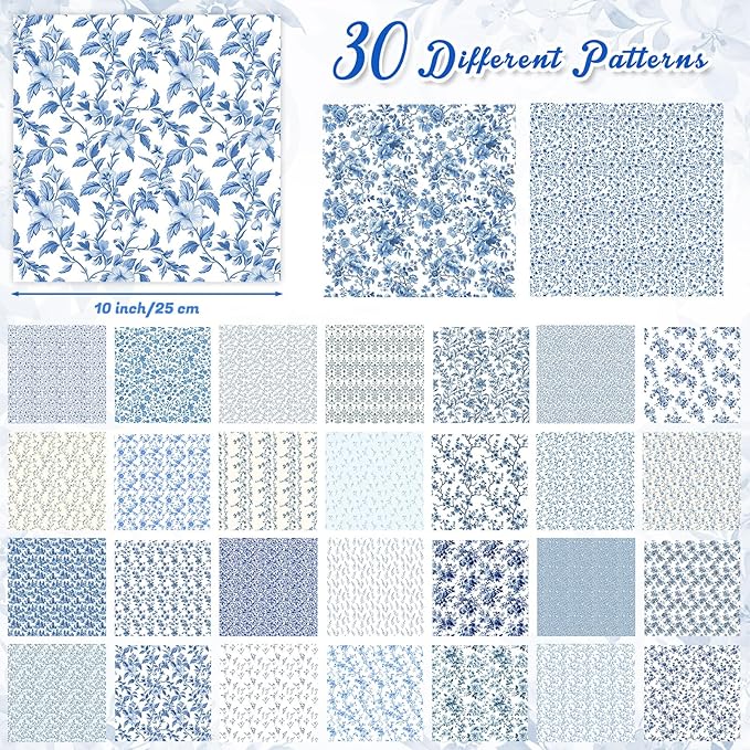 Tatuo 30 Pcs 10 x 10 Inches Blue and White Floral Cotton Fabric Quilting Bundle Squares Patchwork Floral Fabric Sewing Quilting Bundles Assorted Pattern Cloth for DIY Scrapbook Craft Making