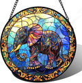 Stained Glass Window Hanging - Blue Elephant Suncatcher for Door Terrace Garden Home Decor, Yellow Retro Sun Catcher Birthday Gifts for Lovers Women Men Dad Mom Nana 9.8 in