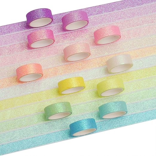 YUBX Glitter Washi Tape Set 12 Rolls Sparkling Foil Decorative Sprinkle Colored Masking Tapes for Arts, DIY Crafts, Journals, Planners, Scrapbook, Wrapping (12 Colors)