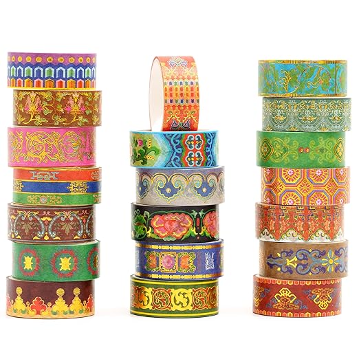 20 Rolls Chinese Style Washi Tape Set, Ancient Palace Pattern Decorative Masking Tapes with Gold Foil, Oriental for Craft, Scrapbook, DIY, Gift Wrapping (32-Azure Brocade Clouds)