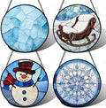 Stained Glass Window Hanging 4 Pcs Set Blue White Christmas Snowman Snowflake Large 15" - Suncatcher Door Garden Sun Catcher Decor Birthday Mother's Day Xmas Gifts for Mom Woman Nana Men