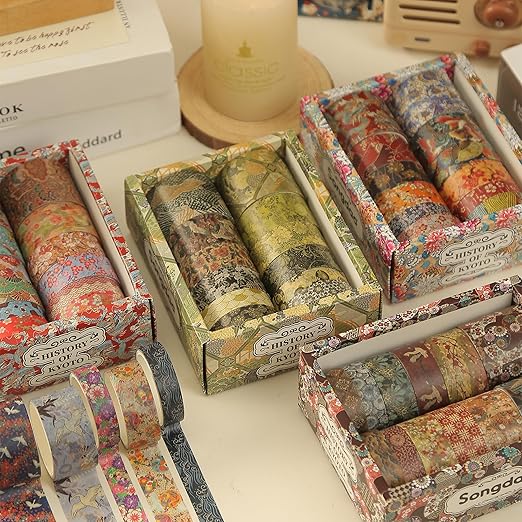 12 Rolls Kyoto Charm Washi Tape Set Japanese Arts Adhesive Tapes Geometric Garden Decorative Masking Tape Sets for Craft, Kids, Scrapbook, DIY, Gift Wrapping (Incense & Fireworks)