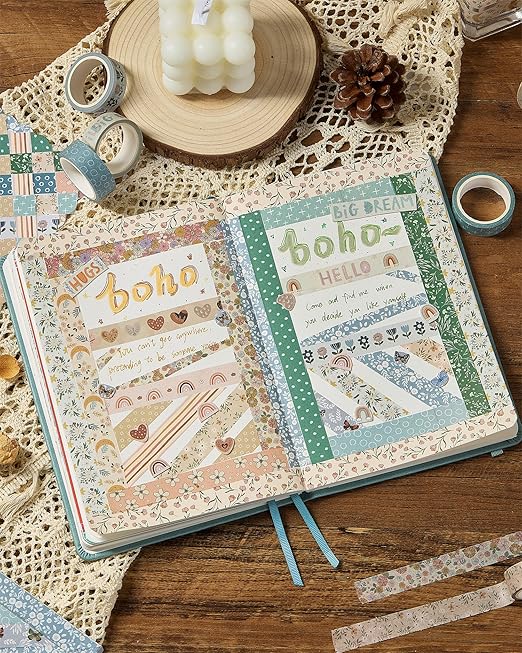 YUBX Boho Washi Tape Set 10 Rolls Cute Masking Graphic Floral Pattern Decorative Tapes for Arts, DIY Crafts, Journals, Planners, Scrapbook, Wrapping (Warm)