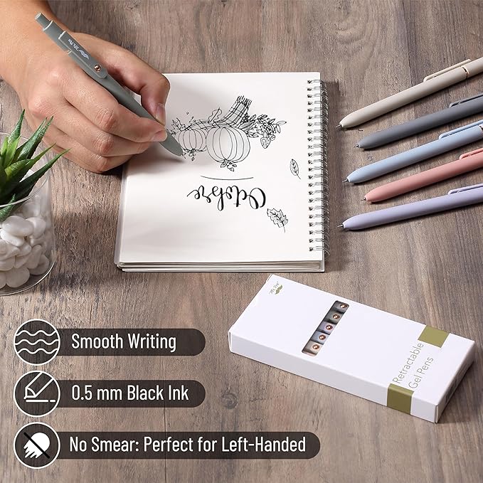 Mr. Pen- Retractable Gel Pens with Rose Gold Ring and Ball, 6 Pack, Morandi Barrels, Japanese Black Gel Pens, Fast Dry, Fine Point 0.5mm