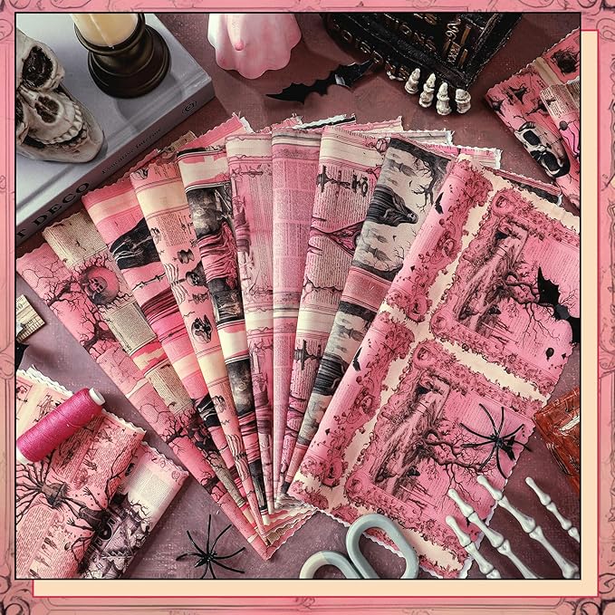 HunnmingRe 20 Pcs 10''x10'' Pink Halloween Quilting Fabric Square Skeleton Skull Bat Eyes Quiltted Fabric Bundle Black Precuts Printed Patchwork Supplies for Holiday DIY Sewing Craft