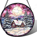 Stained Glass Window Hanging - Winter Snow Scene Cabin Moon Sun Catcher for Door Garden Home Decor Pine Tree Suncatcher Christmas Mother's Day Birthday Gifts for Women Men Mom Nana 7.8 in