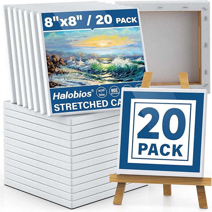 Professional Stretched Canvases for Painting with 8x8 Inch, 20 Packs Blank Painting Canvas for Acrylics,Oils & Other Painting Media, 5/8 Inch Profile 100% Cotton Artist Framed Canvas