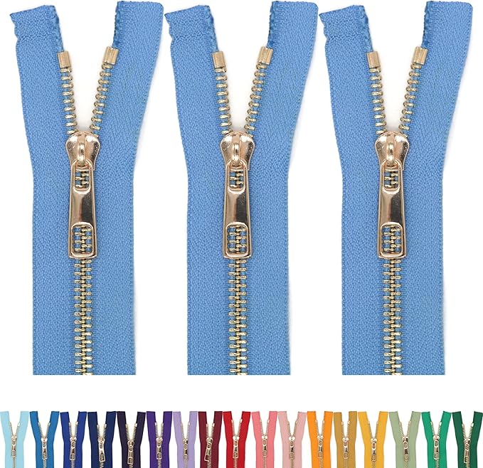 #5 Gold Metal Zipper - 50+ Colors - 3 PCS - (4-14 inches) Sizes - Luxury Lightweight Handcraft Metal Zippers with pulls for Purses Bags Pockets Shoes Sewing & Crafts DIY ZP02384