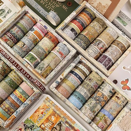 Vintage Washi Tape Set - 24 Rolls Arts Adhesive Tapes Assorted Retro Decorative Masking Tape Sets for Craft, Kids, Scrapbook, DIY, Gift Wrapping (7-Daily Vintage)