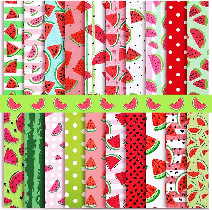 HunnmingRe 20 Pcs 10''x10'' Watermelon Quilting Fabric Square Summer Watermelon Quiltted Fabric Bundle Multicolor Precuts Printed Patchwork Supplies for Holiday DIY Sewing Craft
