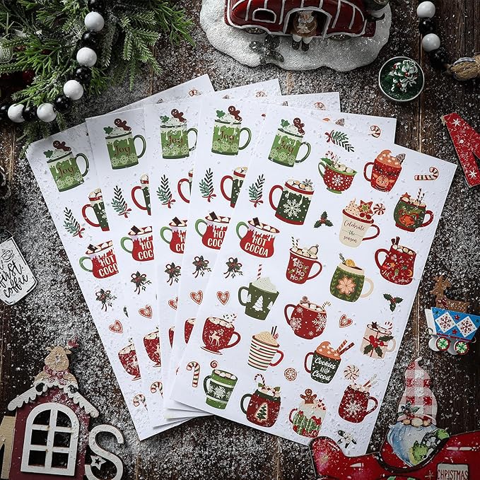 300 Pcs Hot Cocoa Winter Stickers Christmas Rustic Mini Winter Stickers Party Favors Aesthetic Waterproof Vinyl Decals Pack for Water Bottles Scrapbooking Laptop Luggage Phone Skateboard
