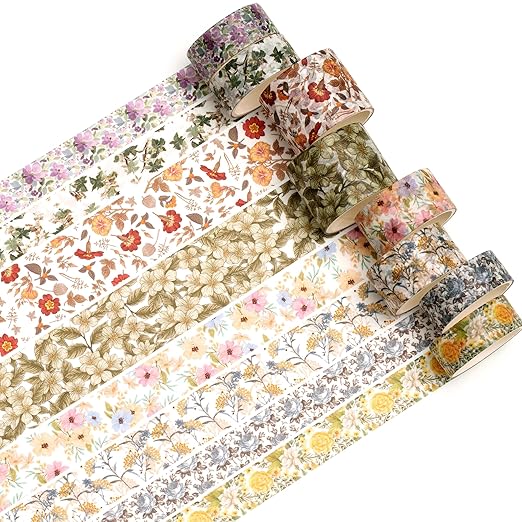 8 Rolls Retro Washi Tape Set Vintage Arts Adhesive Tapes Wide Painting Patterned Decorative Masking Tape Sets for Craft, Kids, Scrapbook, DIY, Gift Wrapping (Flowers & Plants)