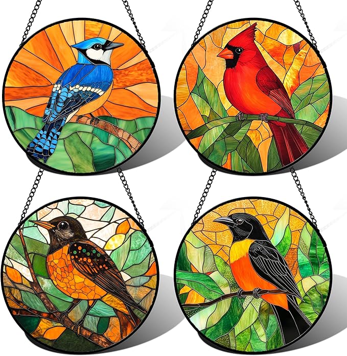 Stained Glass Window Hanging 4 Pcs Set Birds Large 15" - Cardinal Blue Jay Suncatcher Door Garden Sun Catcher Decor Birthday Christmas for Bird Lovers Mom Woman Nana Men