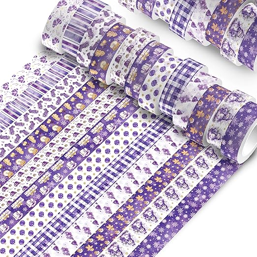 12 Rolls Purple Christmas Washi Tape Decorative Tape,Gingerbread Man Snowflake Christmas Tree Snowman Pattern for DIY Art Craft Gift Wrapping Scrapbook Journal Party Supplies Xmas Supplies