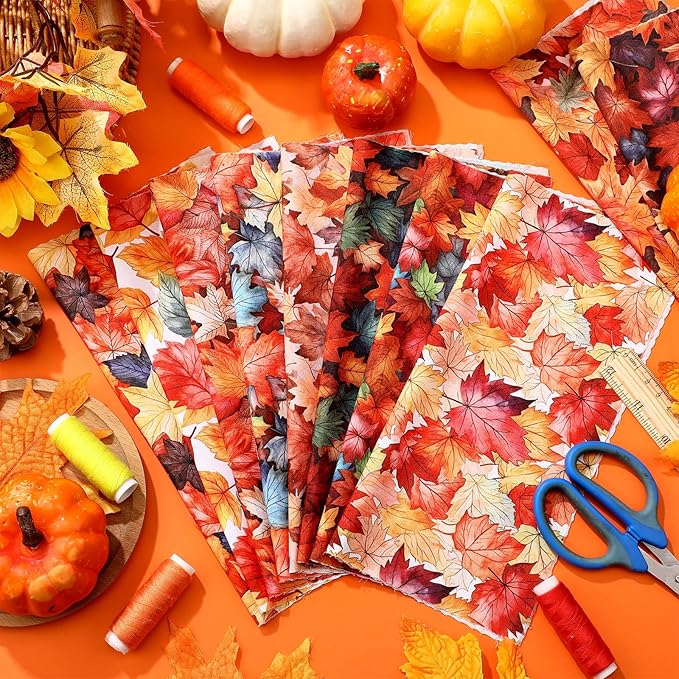 HunnmingRe 20 Pcs 10''x10'' Fall Maple Leaf Quilting Fabric Square Thanksgiving Maple Leaf Quiltted Fabric Bundle Multicolor Precuts Printed Patchwork Supplies for Autumn Harvest DIY Sewing Craft