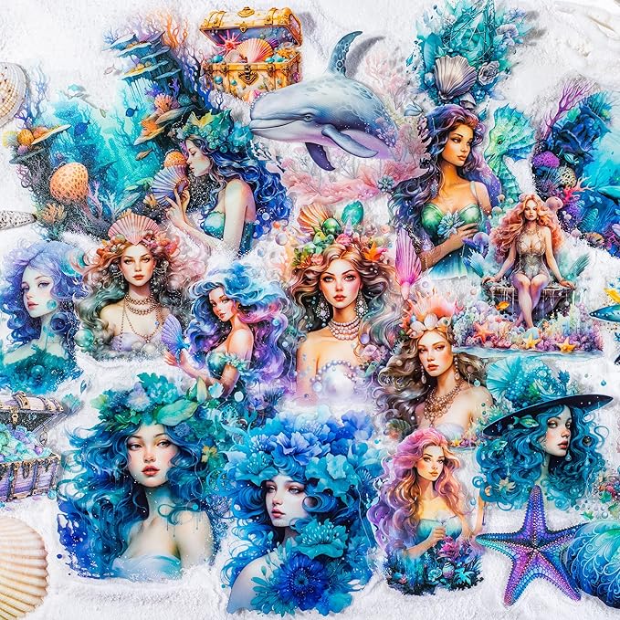 Yoksas Fantasy Sea Ocean Life Mermaid Stickers - 180Pcs Waterproof Clear Sea World Marine Animals Scrapbook Stickers for Junk Journals,Planner
