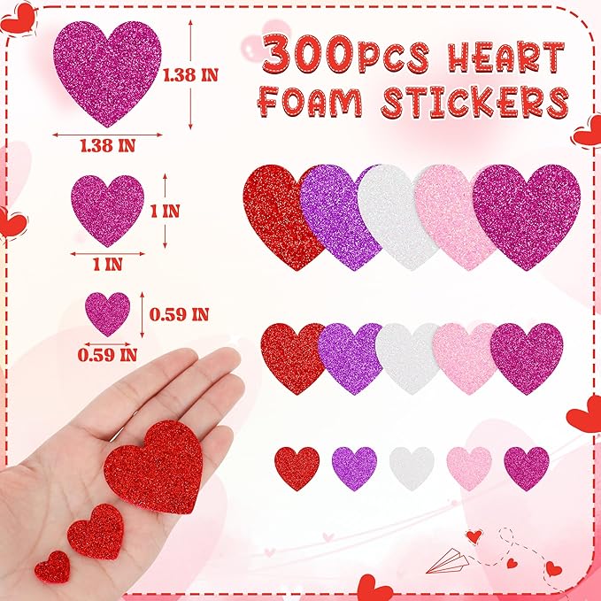 300 PCS Valentines Stickers, Self-Adhesive Foam Heart Stickers Valentines Decor, 3 Sizes Glitter Valentine Crafts, Red Purple Heart Themed Decor for DIY Scrapbooking Cards Craft Supplies