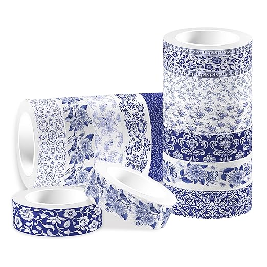 12 Rolls Blue and White Porcelain Washi Tape Set, Chinoiserie Patterned Washi Tape Decorative Sticker DIY Craft for Scrapbook Supplies