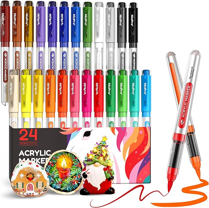 Nicpro 24 Colors Acrylic Paint Markers Brush Tip, Water-Based No-Bleed Paint Markers with Automatic Ink Control, Waterproof Acrylic Paint Pens for DIY Art & Crafts - Rock, Wood, Glass, Ceramic, Fabric