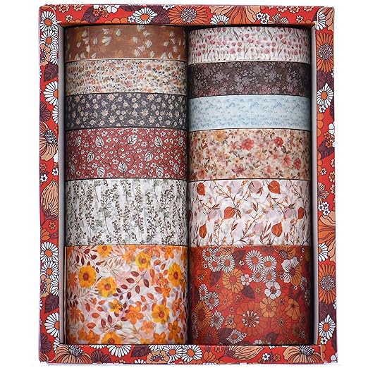12 Rolls Flowers Washi Tape Set Floral Arts Adhesive Tapes Blooming Garden Decorative Masking Tape Sets for Craft, Kids, Scrapbook, DIY, Gift Wrapping (Autumn Twilight)
