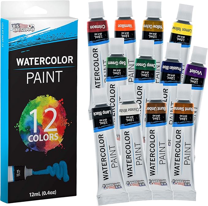 U.S. Art Supply 12-Color Water Colors Paint Set, 12ml Professional Watercolor Tubes, Vibrant Pigments - Water Colors Paint Adult Set for Artists
