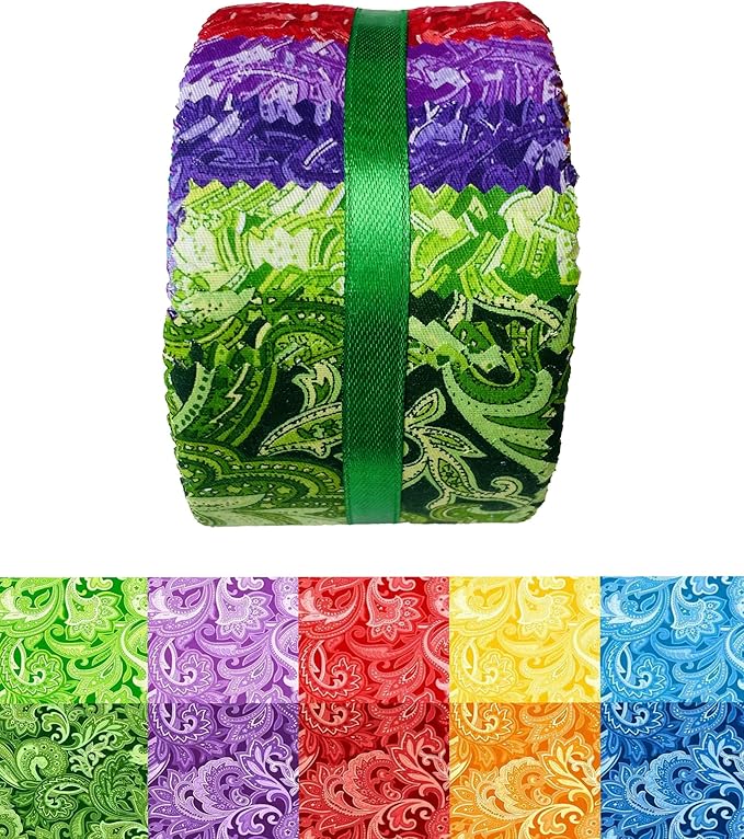 LUMANSUO Jelly Roll Fabric - 10 Assorted Solid Colors, 100% Cotton, 40 Pre-Cut Strips (2.5 x 44 Inch) Fabric for Quilting and Sewing,Paisley