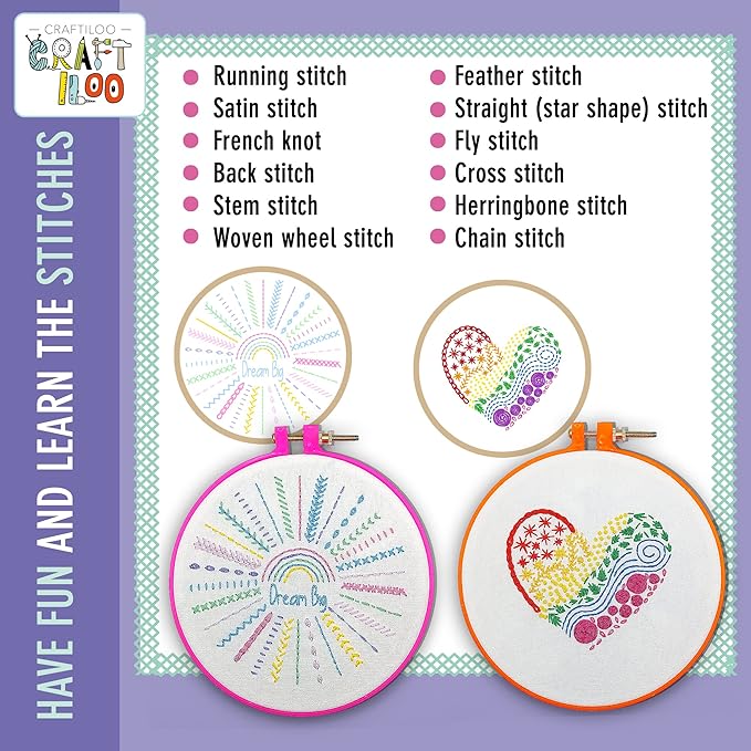 10 Pre-Stamped Embroidery Patterns for Beginners Embroidery Kit for Kids Girls Needlepoint Kits for Beginners Cross Stitch Craft Sewing Perfect for Ages 7-13