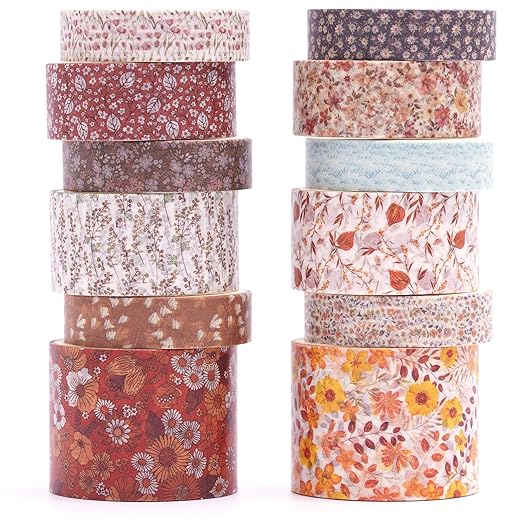 12 Rolls Flowers Washi Tape Set Floral Arts Adhesive Tapes Blooming Garden Decorative Masking Tape Sets for Craft, Kids, Scrapbook, DIY, Gift Wrapping (Autumn Twilight)