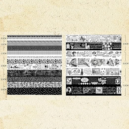 20 Rolls Vintage Washi Tape Set Retro Arts Adhesive Tapes Fleeting Monologue Decorative Masking Tape Sets for Craft, Kids, Scrapbook, DIY, Gift Wrapping (Black & White Memories)