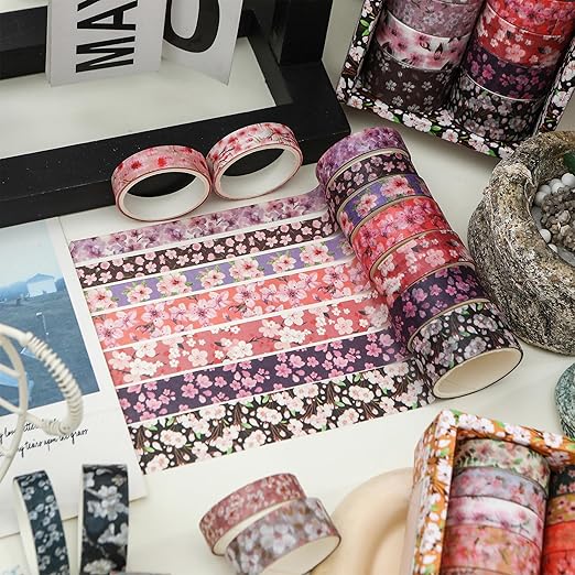 14 Rolls Sakura Washi Tape Set Flowers Arts Adhesive Tapes Cherry Blossom Decorative Masking Tape Sets for Craft, Kids, Scrapbook, DIY, Gift Wrapping (Twilight Sakura)