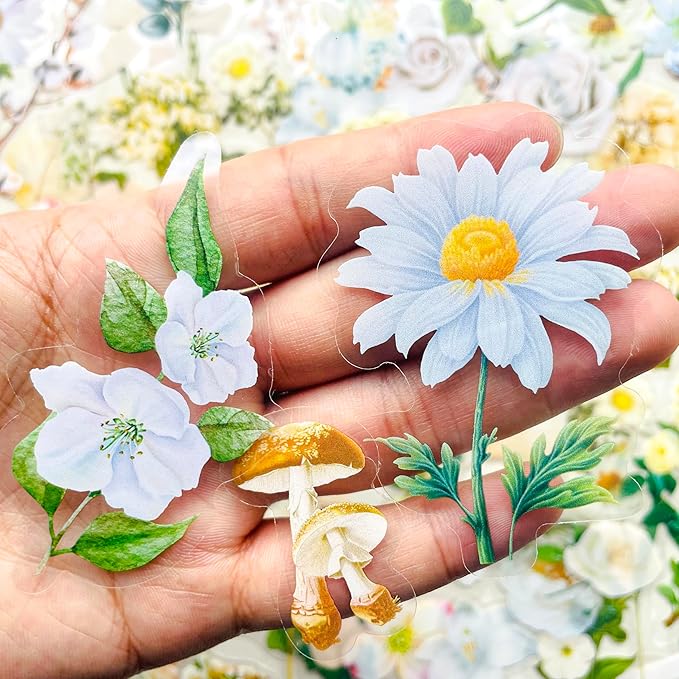 100 Pcs White Floral Stickers for Scrapbooking – Clear Flower Plant Decals, Aesthetic Botanical Watercolor Stickers for Journaling, Planners, Cards, Resin Crafts