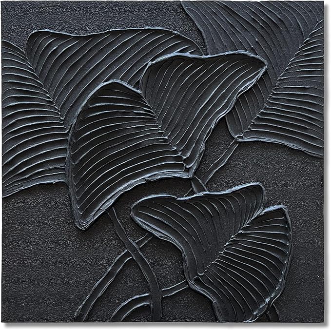NANKAI Art Hand-Painted Black Leaf Texture Abstract Art Contemporary Minimalist Canvas Oil Painting, Home Living Room Corridor Wall Decoration Art, 24x24 inches