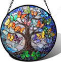 Stained Glass Window Hanging, Butterfly Tree Clover Sun Catchers Glass Panel Blue Suncatcher Decor for Birthday for Women, Men, Wife, Aunt, and Mom 14.9x14.9 in