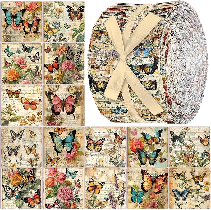 Ganeen 100 Pcs Vintage Butterfly Quilting Fabric Roll 2. 56 Inch Fabric Squares Jelly Patchwork Precut Strips Bundles for Holiday Materials Craft DIY Sewing Cloths