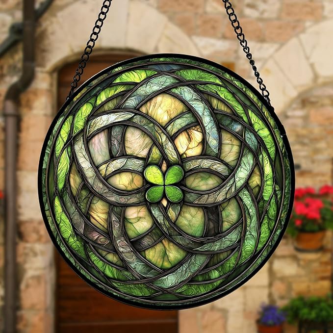Stained Glass Window Hanging, Abstract Green Clover Sun Catchers Colorful Glass Panel Bless Suncatcher Decor for Birthday for Women, Men, Wife, Aunt, and Mom 7.8 in