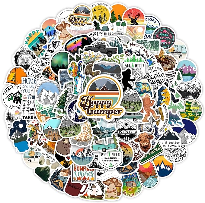 100 Pcs Outdoor Adventure Hiking Camping Adults Stickers for Water Bottle, Waterproof Vinyl Wilderness Nature Travel Wildlife Laptop Decals, Summer Camp Sticker for Teens Girls Boys Kids