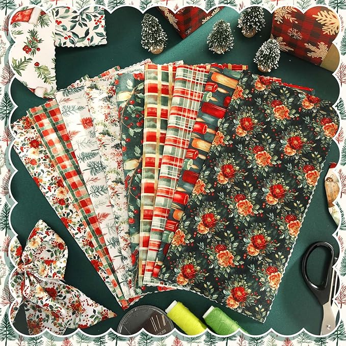 60 Pcs 10 x 10 Inch Vintage Woodland Christmas Quilting Fabric Christmas Fat Squares Patchwork Precut Poinsettia Sweater Fabric Bundles for Xmas Winter Quilting Crafting DIY Craft Sewing
