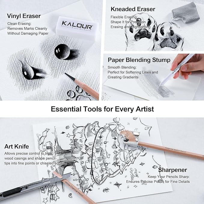 KALOUR 29 Pro Sketching Drawing Pencils Set with Roll-Up Nylon Case – 14 Graphite Pencils (14B–5H), Charcoal Pencils, Erasers, Sharpener & Stumps – Complete Art Kit for Artists & Beginner