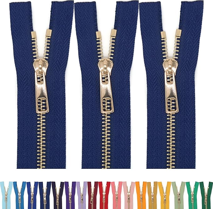 #5 Gold Metal Zipper - 50+ Colors - 3 PCS - (4-14 inches) Sizes - Luxury Lightweight Handcraft Metal Zippers with pulls for Purses Bags Pockets Shoes Sewing & Crafts DIY ZP02429
