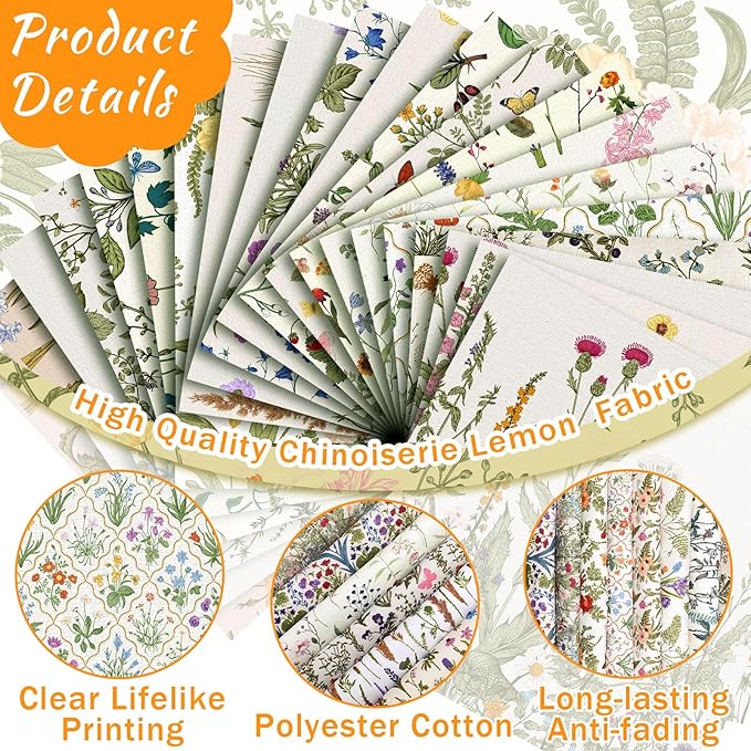 HunnmingRe 20 Pcs 10''x10'' Wildflower Quilting Fabric Square Wildflower Quiltted Fabric Bundle Multicolor Precuts Printed Patchwork Supplies for Holiday DIY Sewing Craft